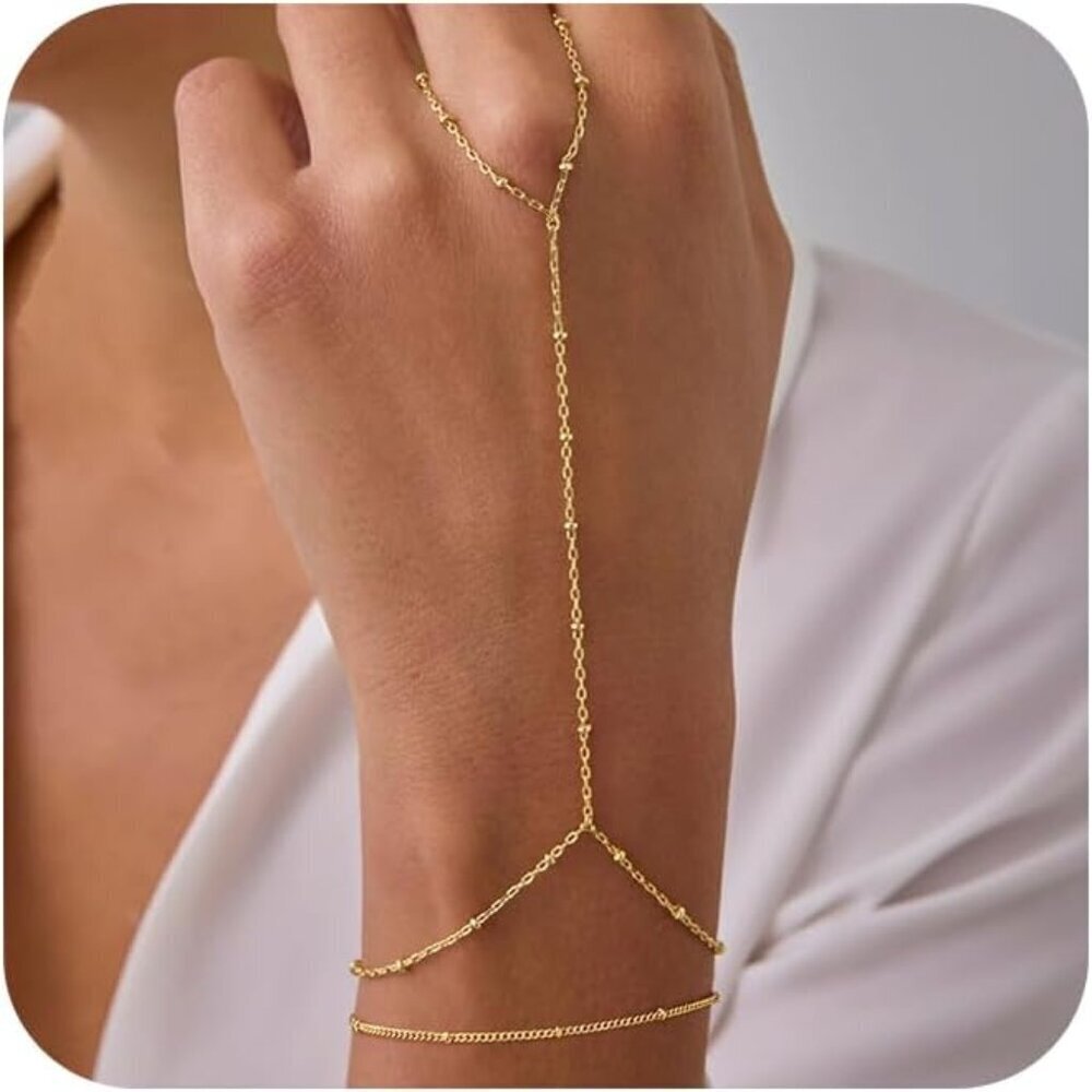Women's Gold Plated Hand Chain Ring Bracelet Adjustable Dainty Jewelry